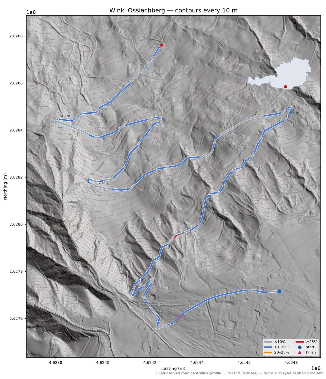 Winkl Ossiachberg LiDAR hillshade map with contours