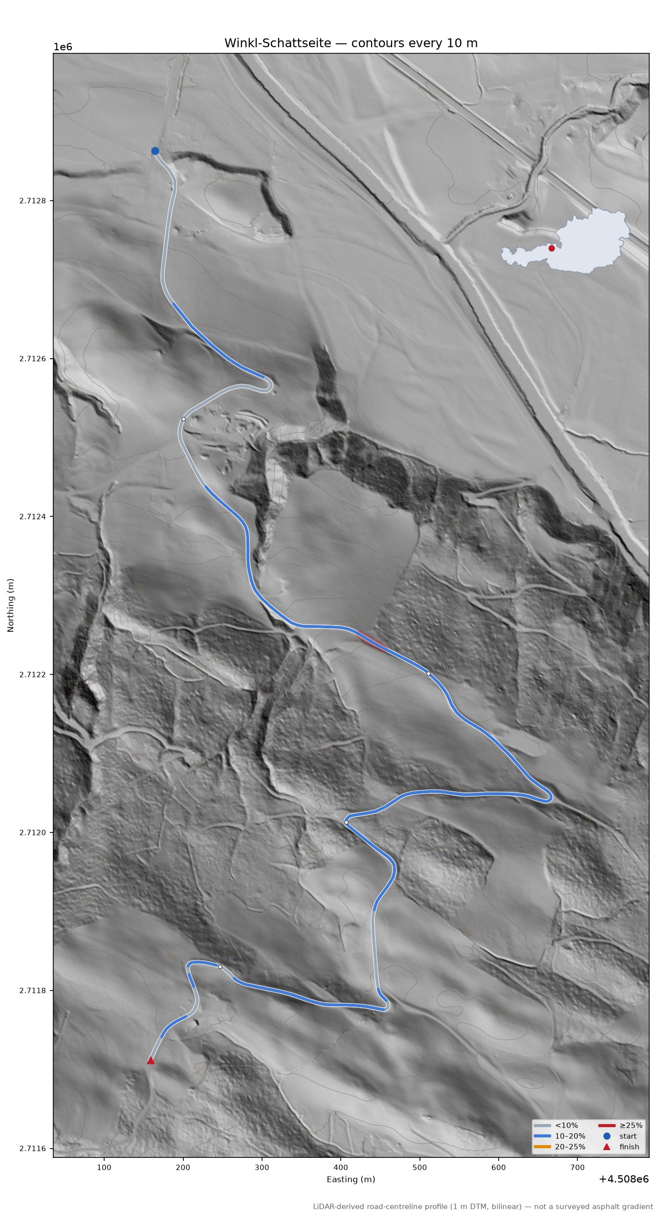 Winkl-Schattseite LiDAR hillshade map with contours