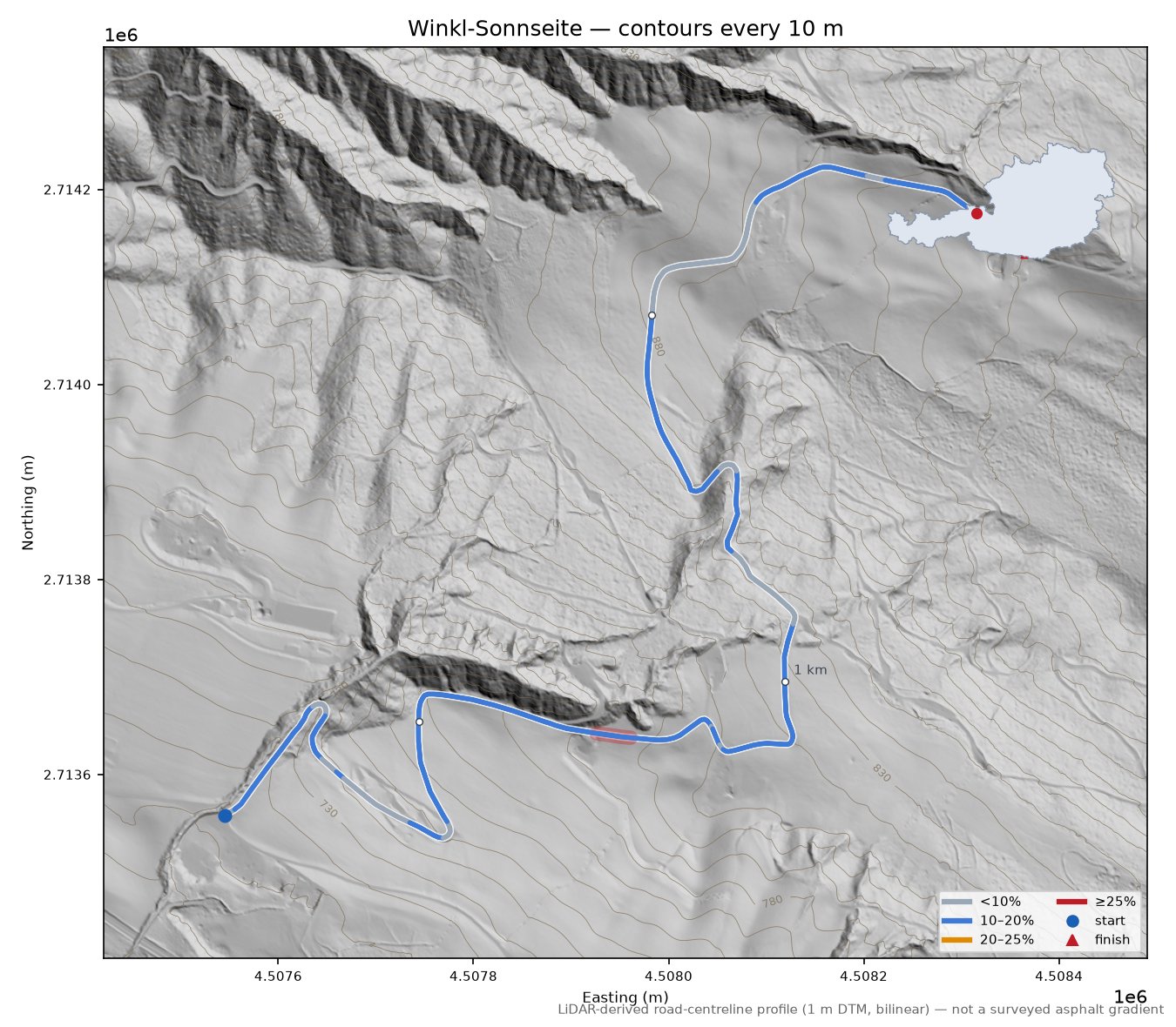 Winkl-Sonnseite LiDAR hillshade map with contours