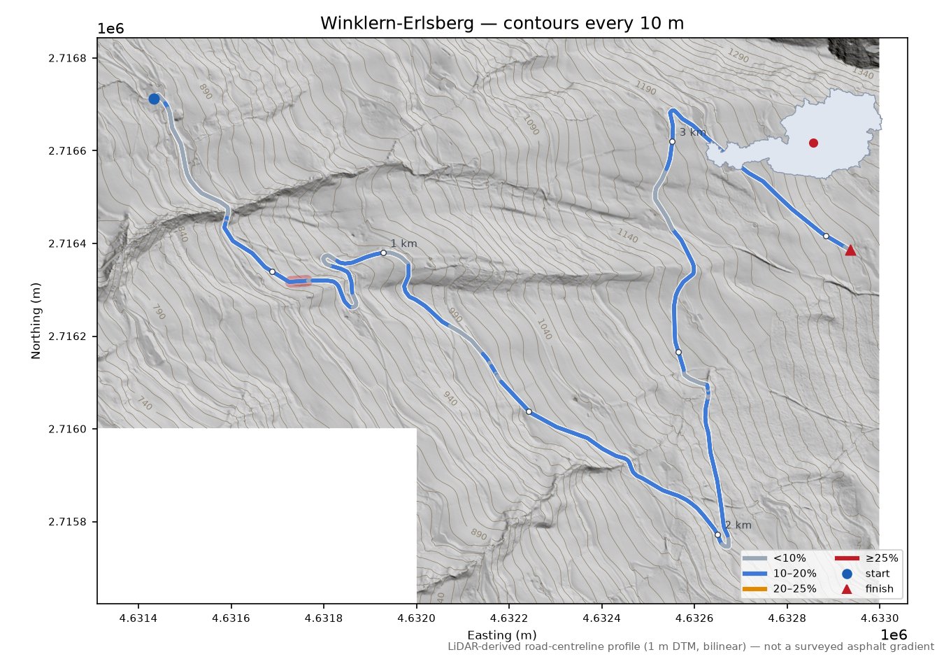 Winklern-Erlsberg LiDAR hillshade map with contours