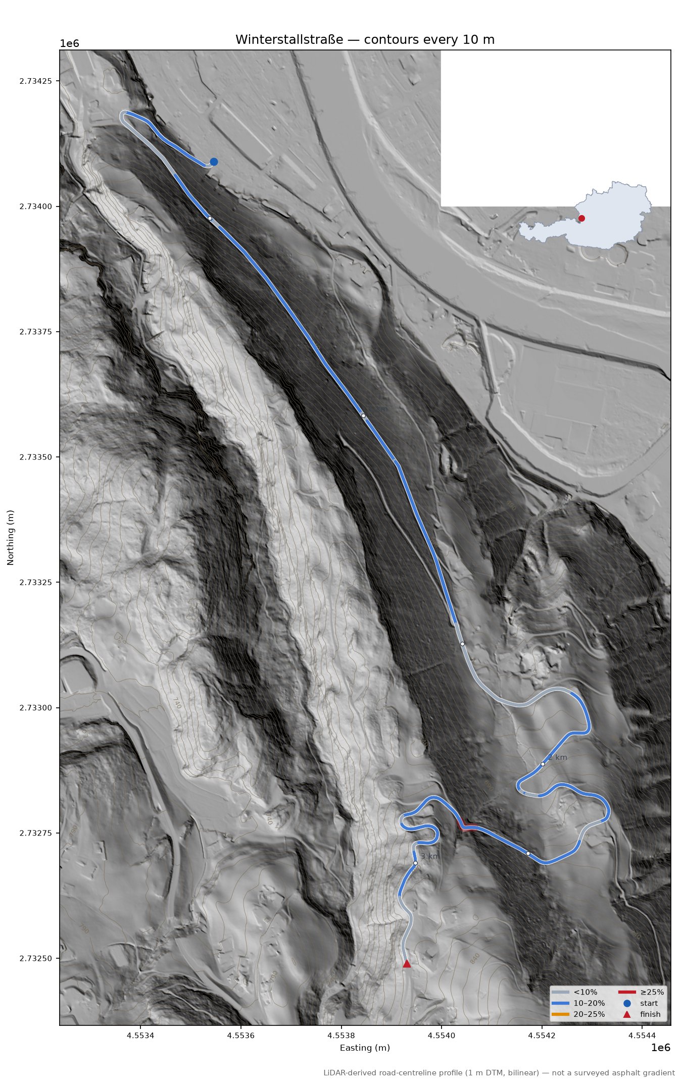 Winterstallstraße LiDAR hillshade map with contours