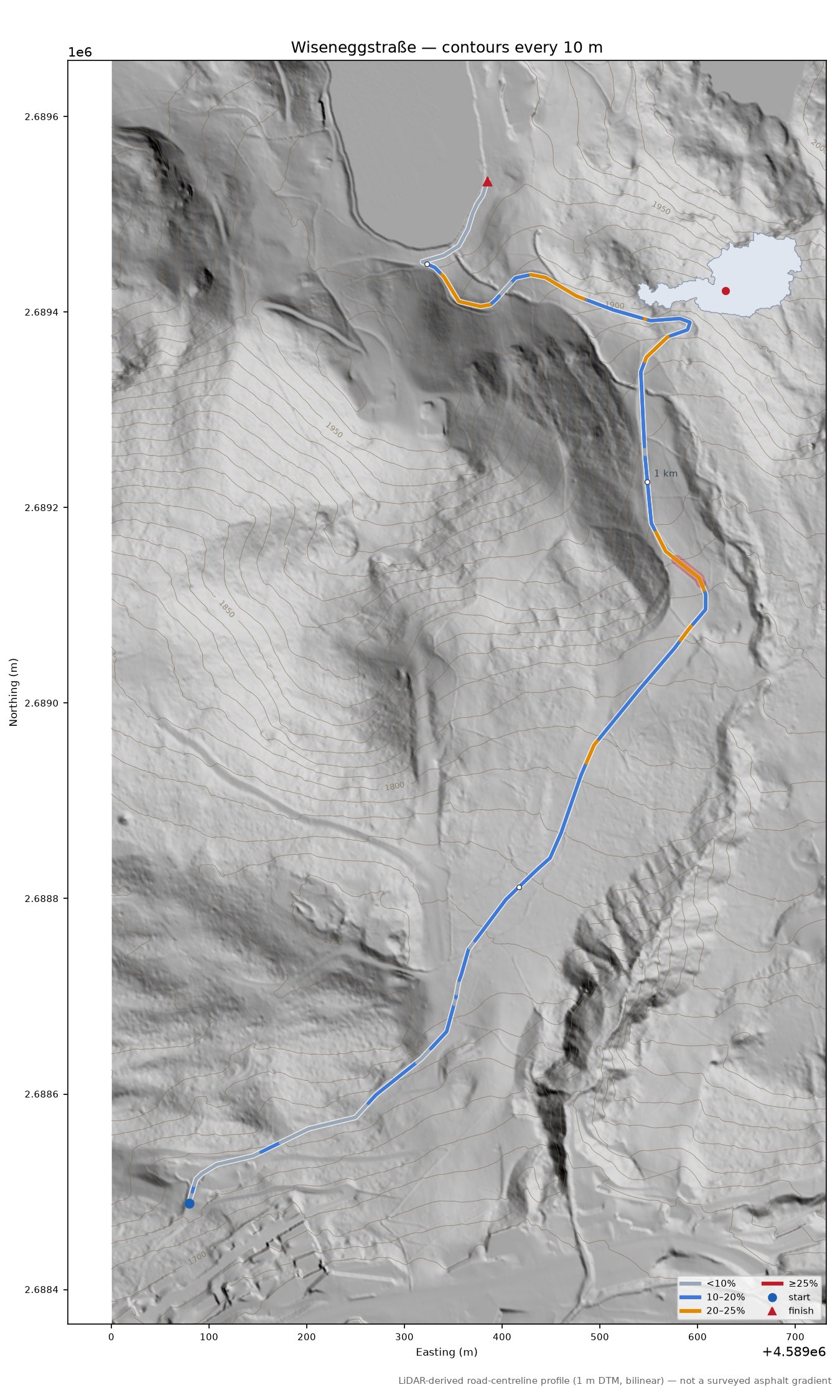 Wiseneggstraße LiDAR hillshade map with contours