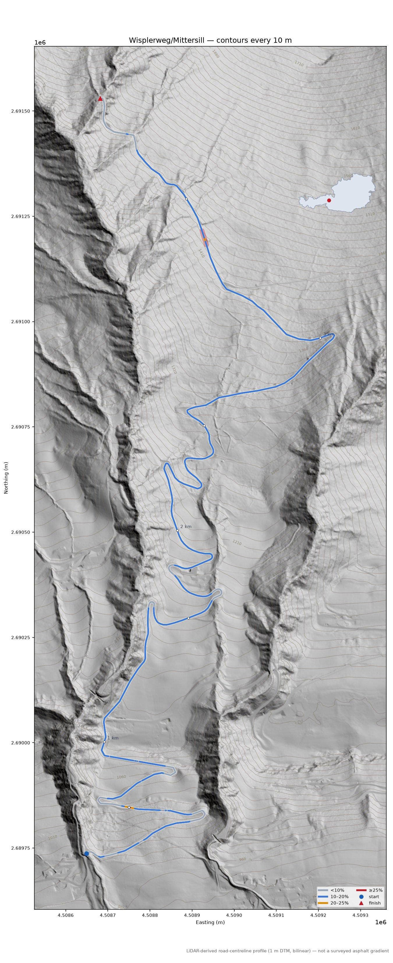 Wisplerweg/Mittersill LiDAR hillshade map with contours