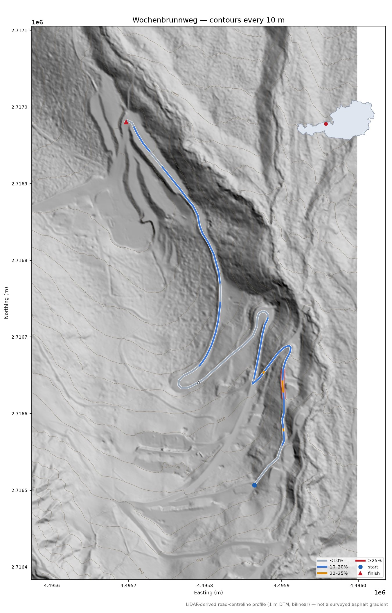 Wochenbrunnweg LiDAR hillshade map with contours
