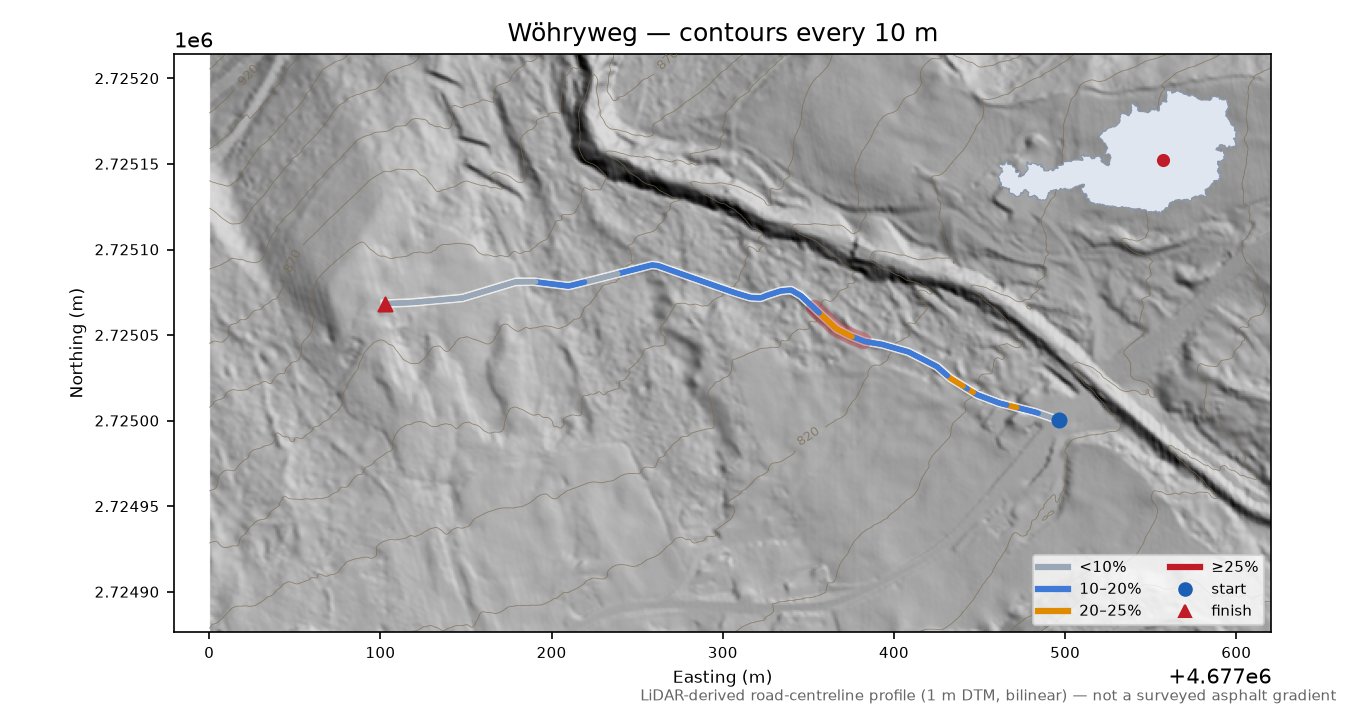 Wöhryweg LiDAR hillshade map with contours