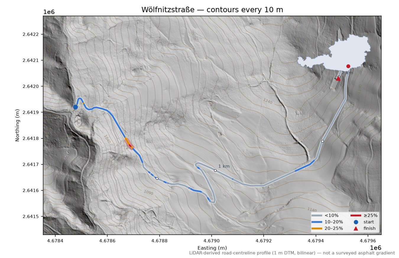 Wölfnitzstraße LiDAR hillshade map with contours