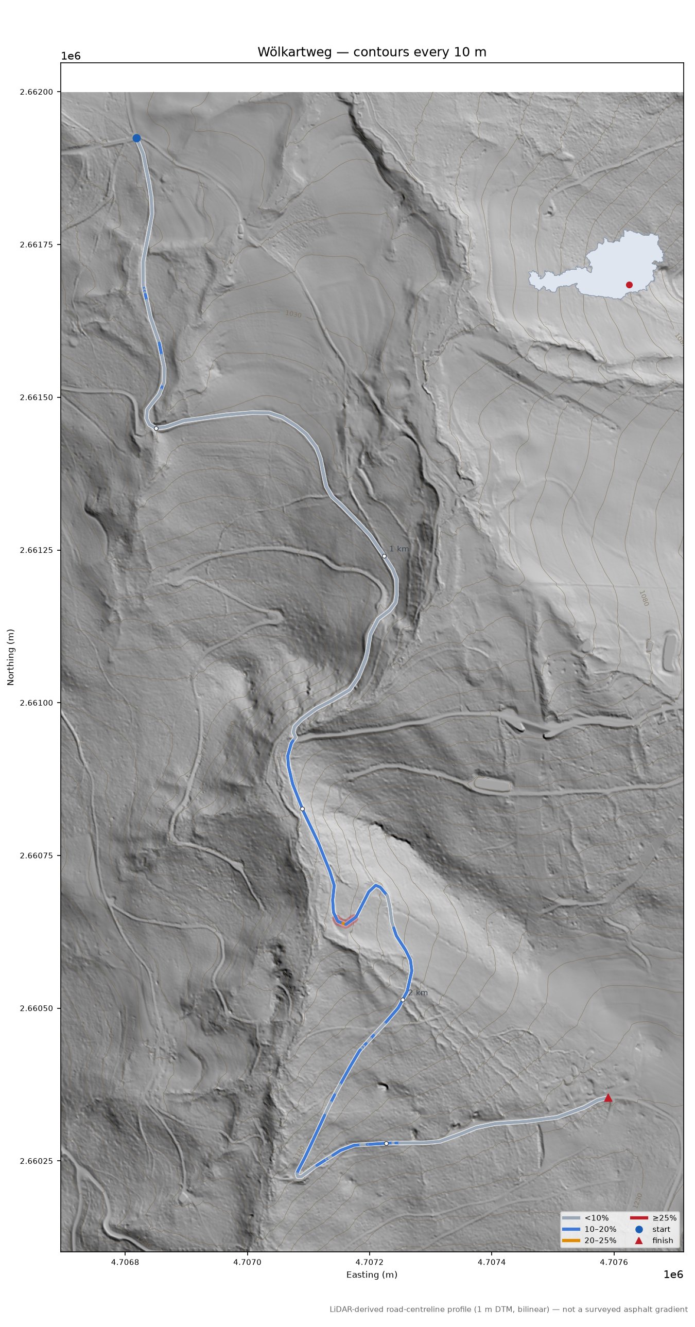 Wölkartweg LiDAR hillshade map with contours