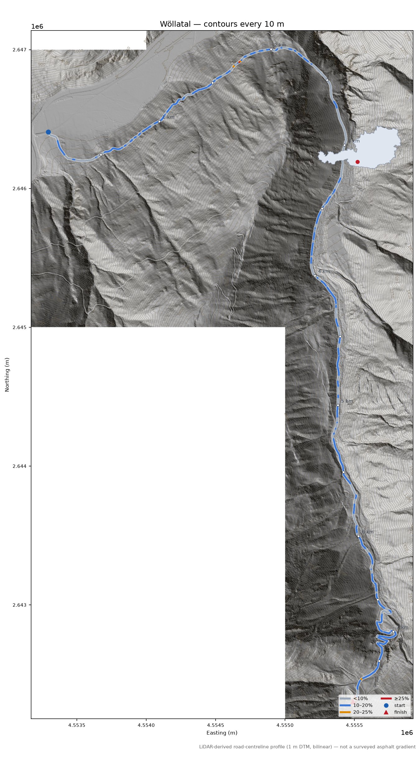 Wöllatal LiDAR hillshade map with contours