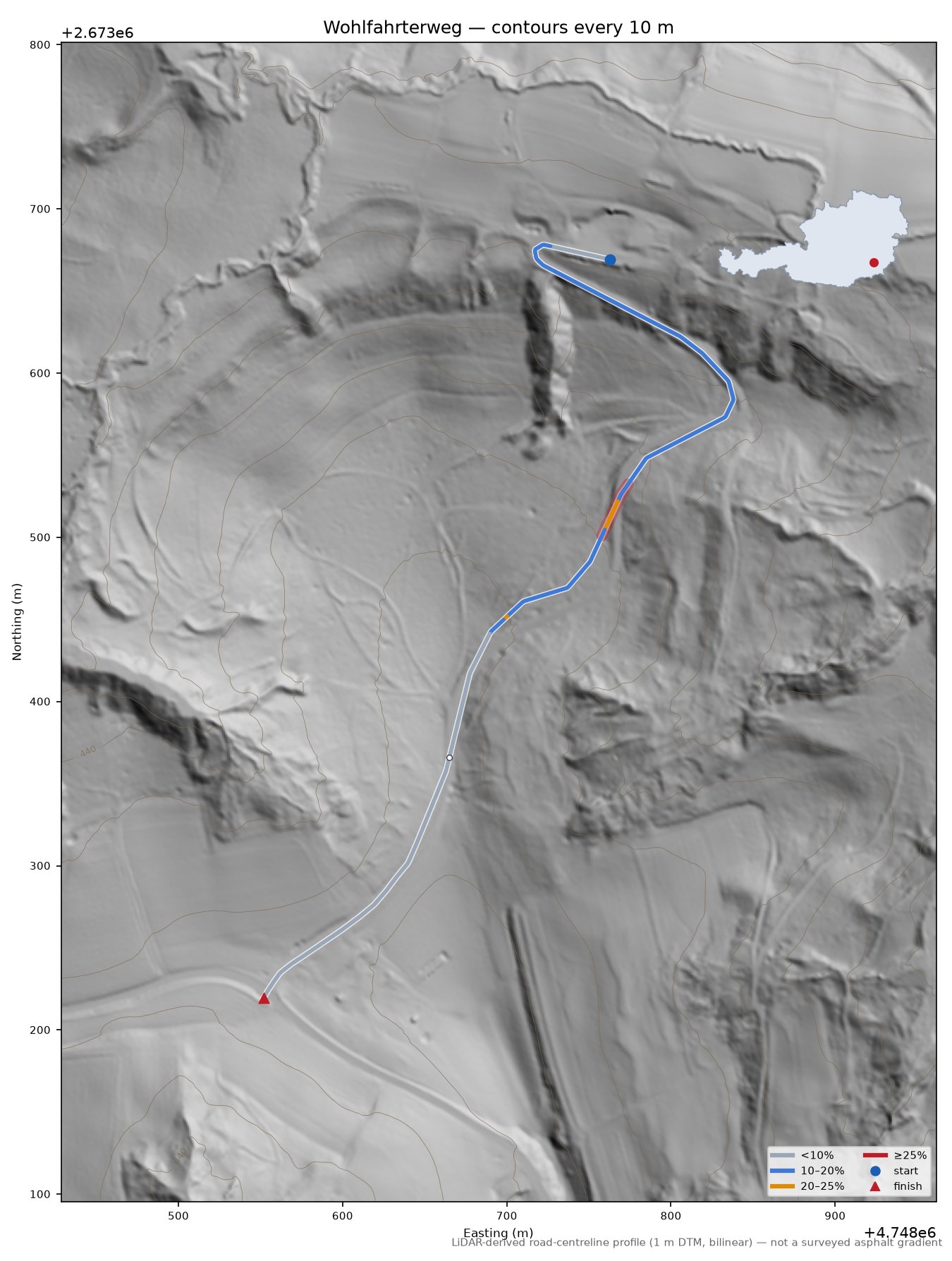 Wohlfahrterweg LiDAR hillshade map with contours