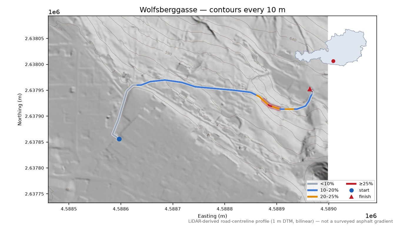 Wolfsberggasse LiDAR hillshade map with contours