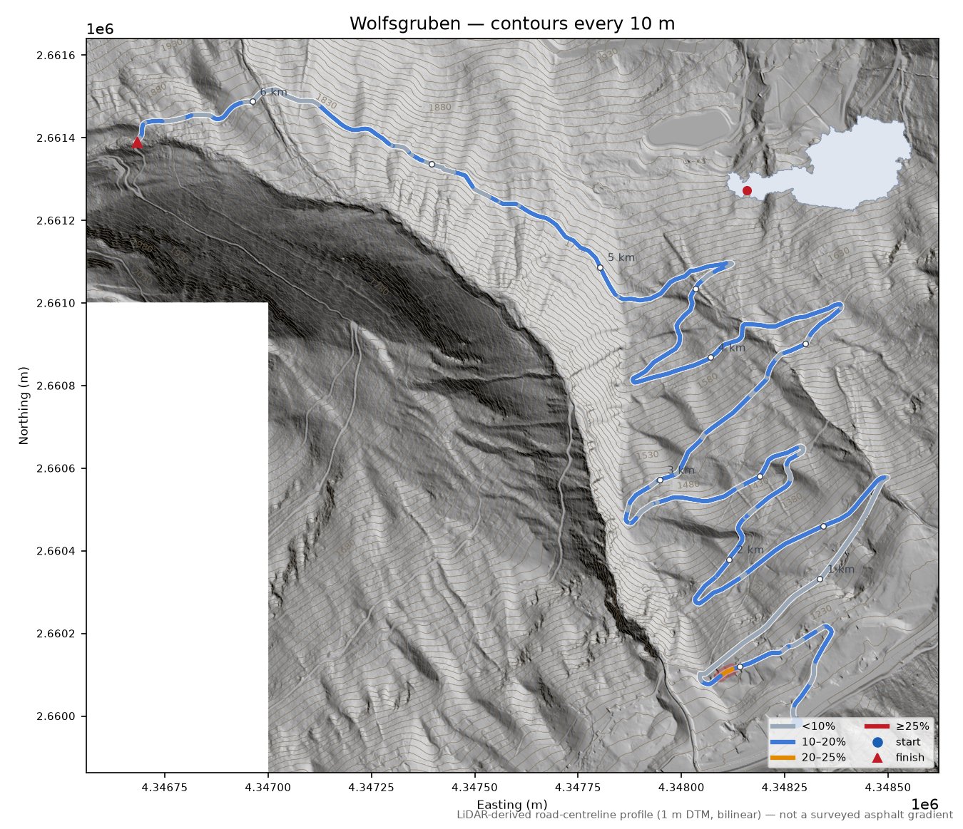 Wolfsgruben LiDAR hillshade map with contours