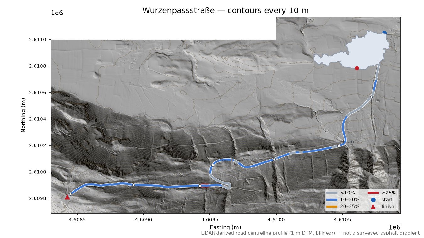 Wurzenpassstraße LiDAR hillshade map with contours