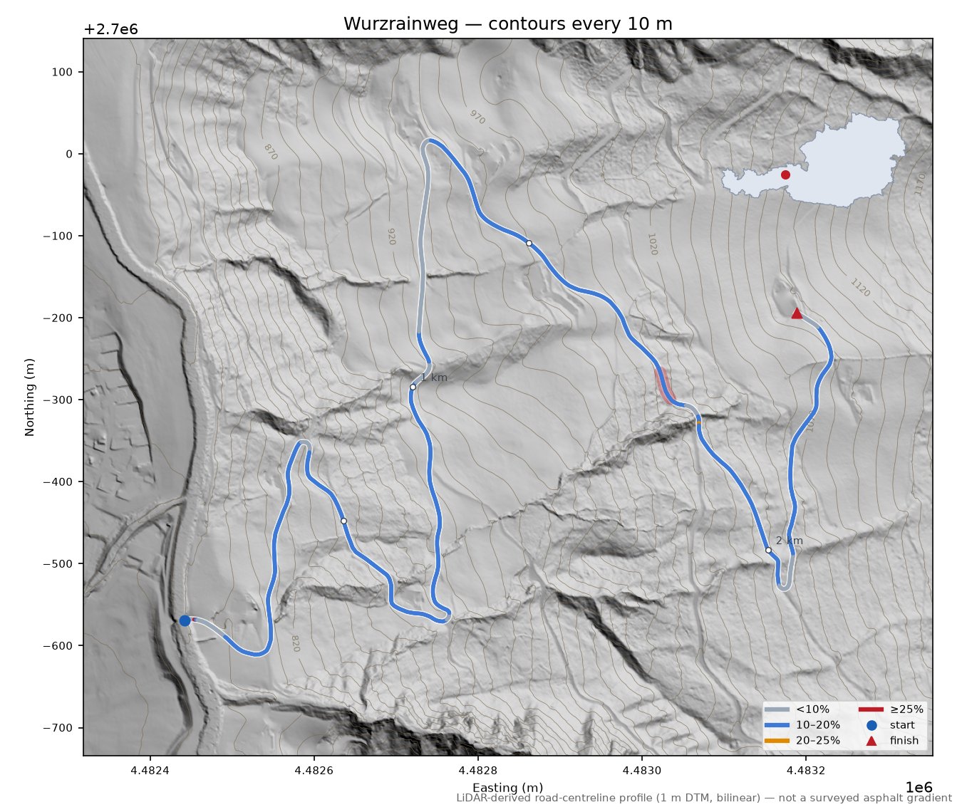 Wurzrainweg LiDAR hillshade map with contours
