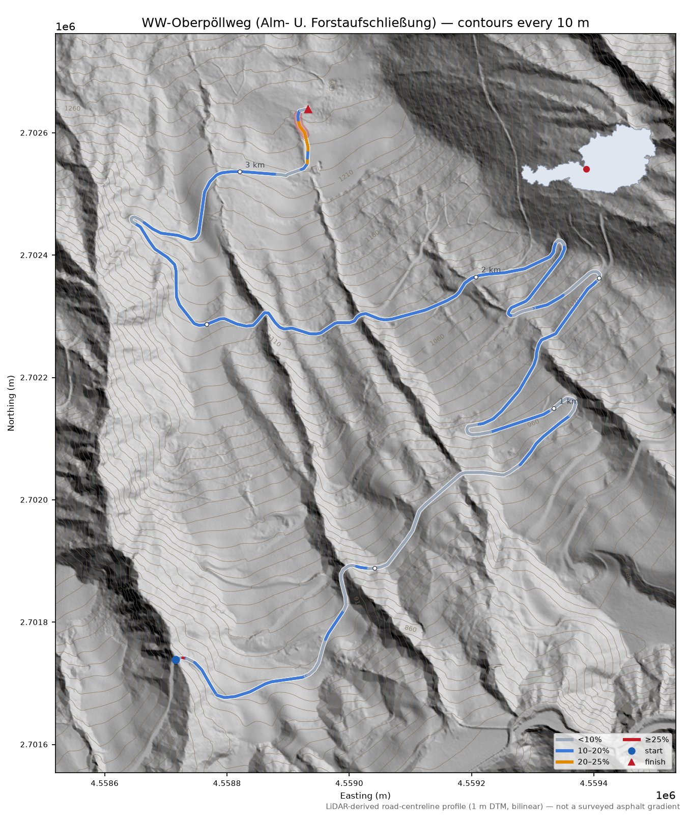 WW-Oberpöllweg (Alm- U. Forstaufschließung) LiDAR hillshade map with contours