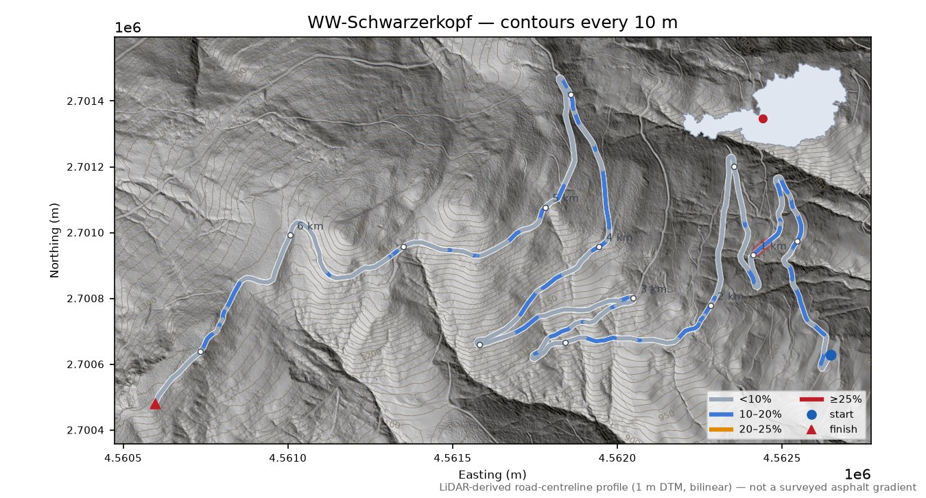 WW-Schwarzerkopf LiDAR hillshade map with contours