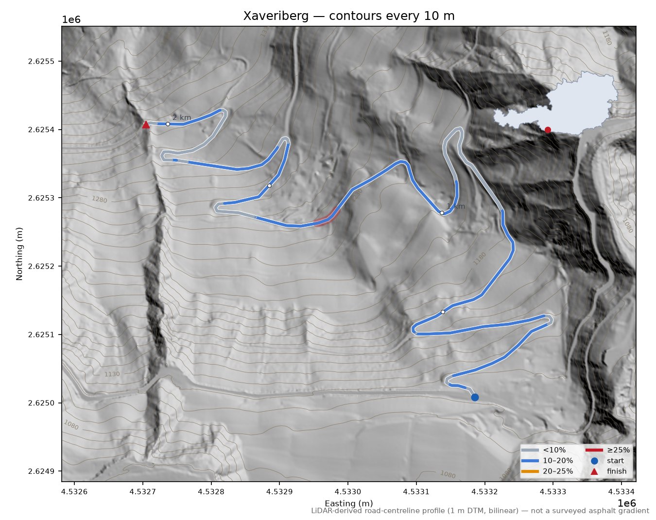 Xaveriberg LiDAR hillshade map with contours