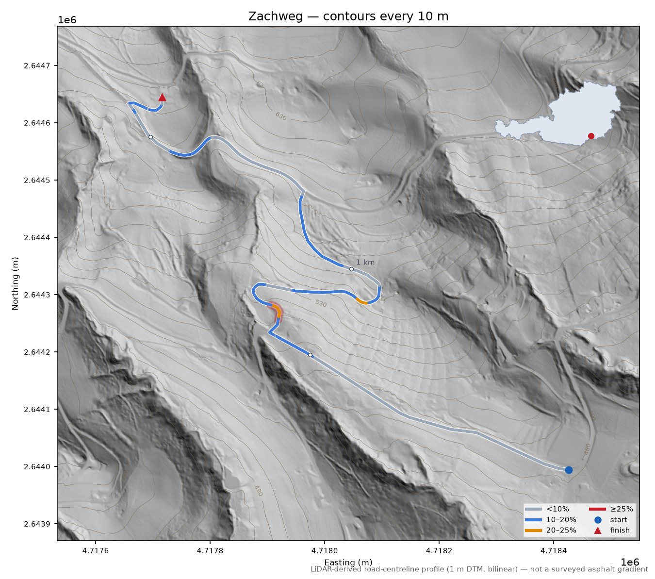 Zachweg LiDAR hillshade map with contours