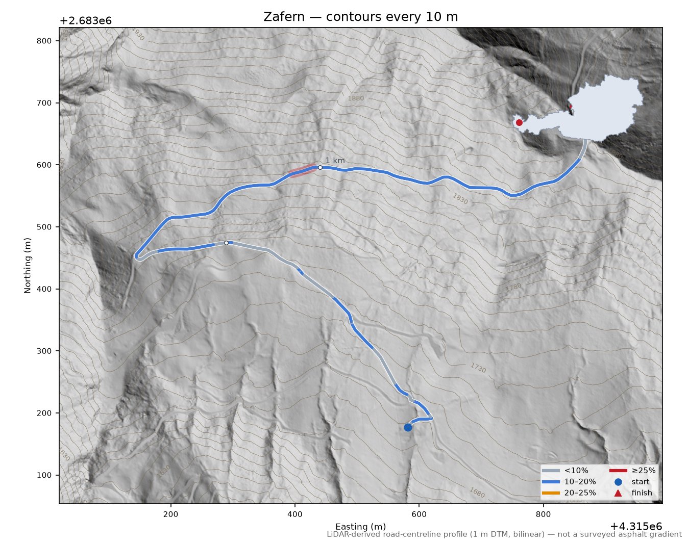 Zafern LiDAR hillshade map with contours