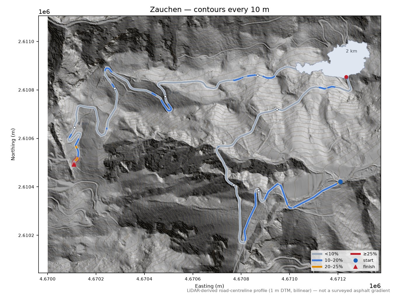 Zauchen LiDAR hillshade map with contours