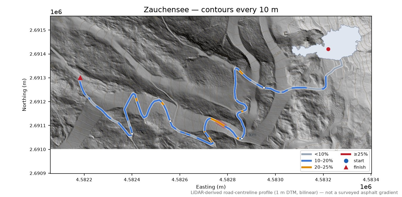 Zauchensee LiDAR hillshade map with contours