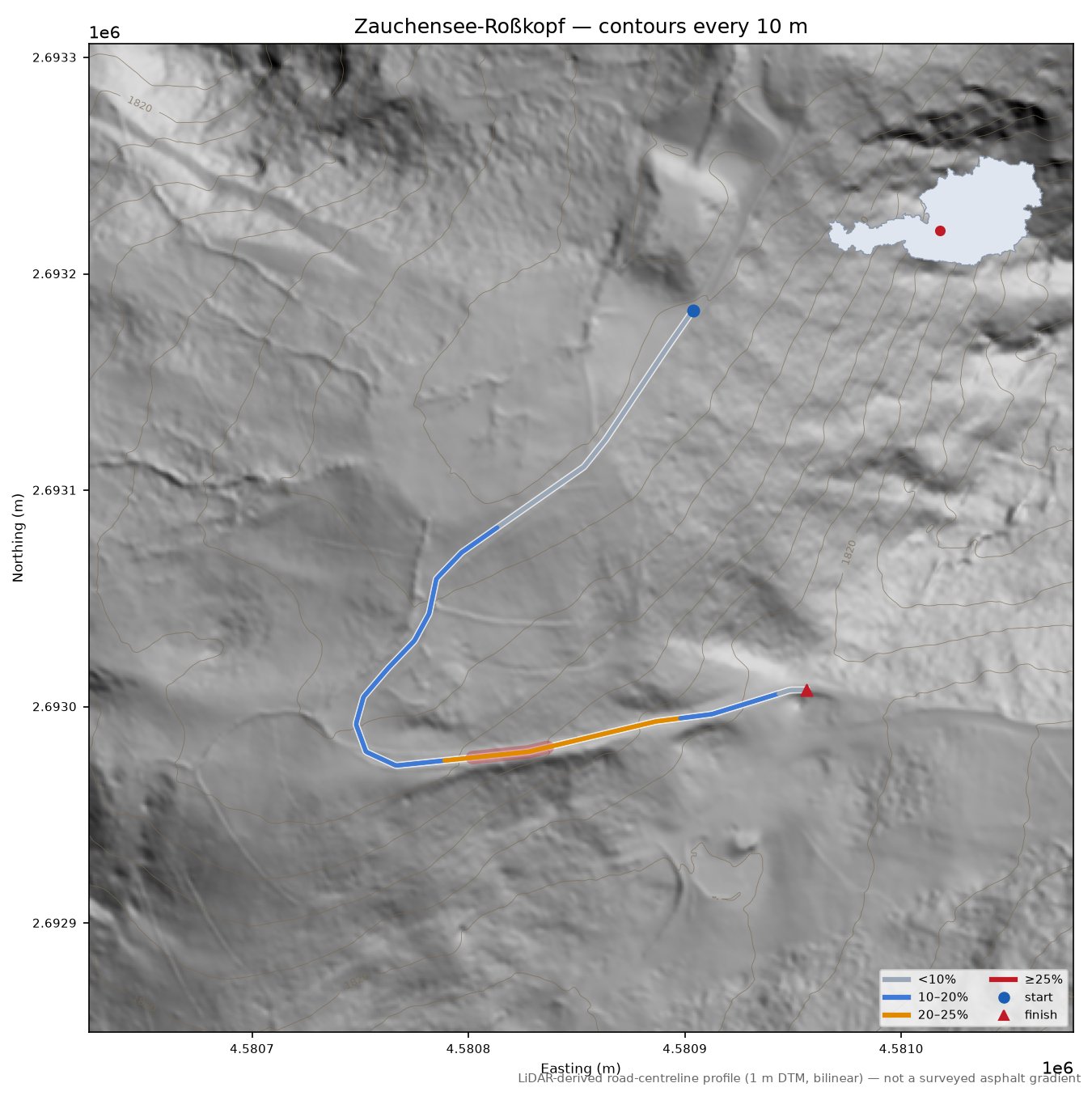 Zauchensee-Roßkopf LiDAR hillshade map with contours