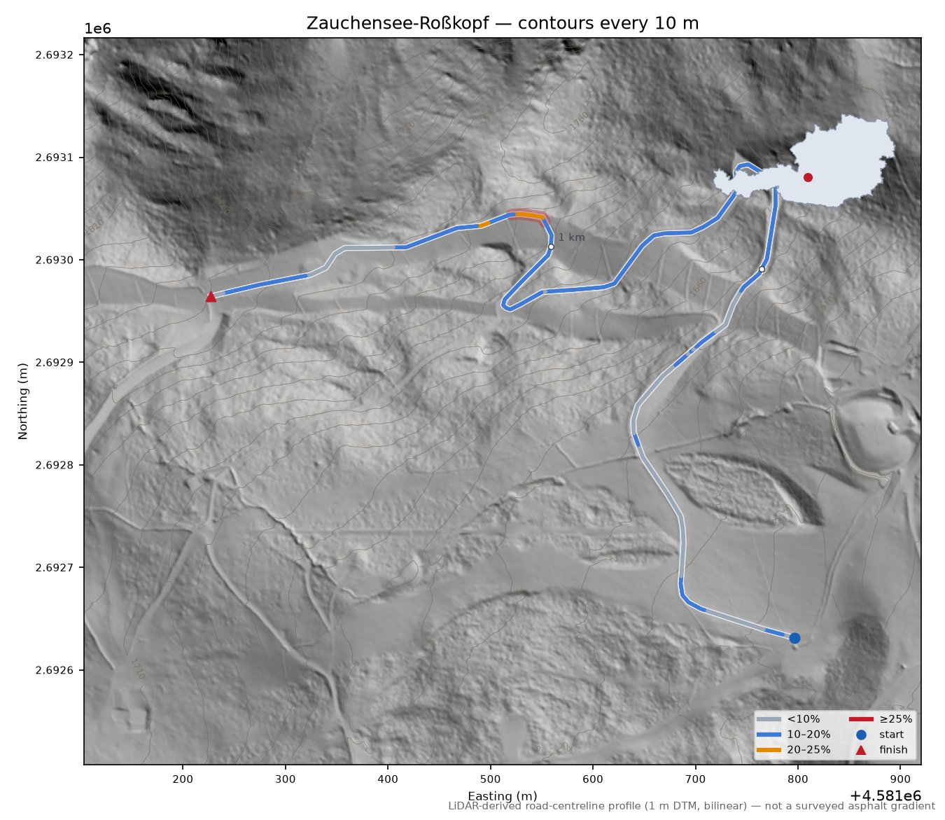 Zauchensee-Roßkopf LiDAR hillshade map with contours