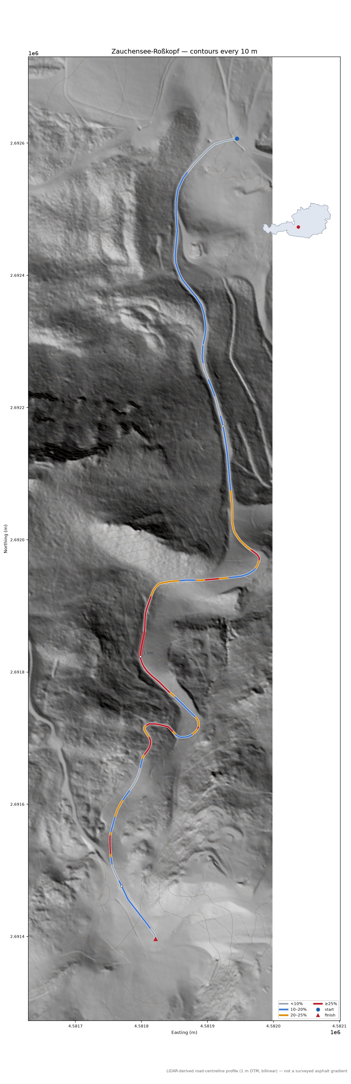 Zauchensee-Roßkopf LiDAR hillshade map with contours