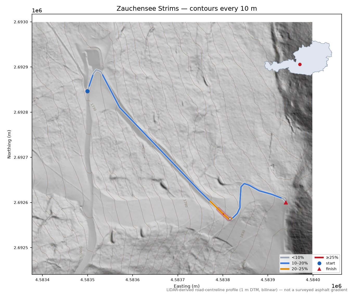 Zauchensee Strims LiDAR hillshade map with contours