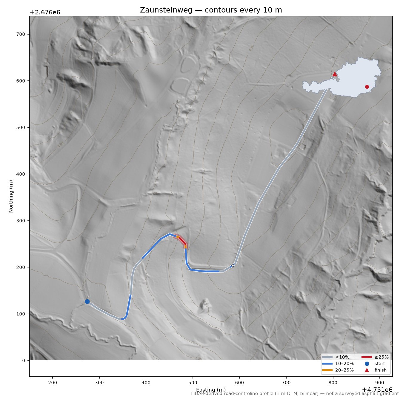 Zaunsteinweg LiDAR hillshade map with contours