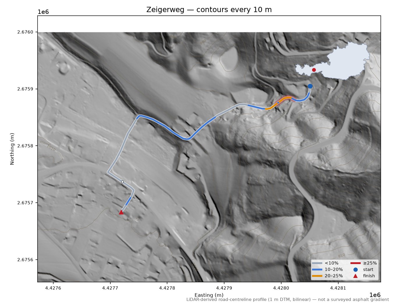 Zeigerweg LiDAR hillshade map with contours