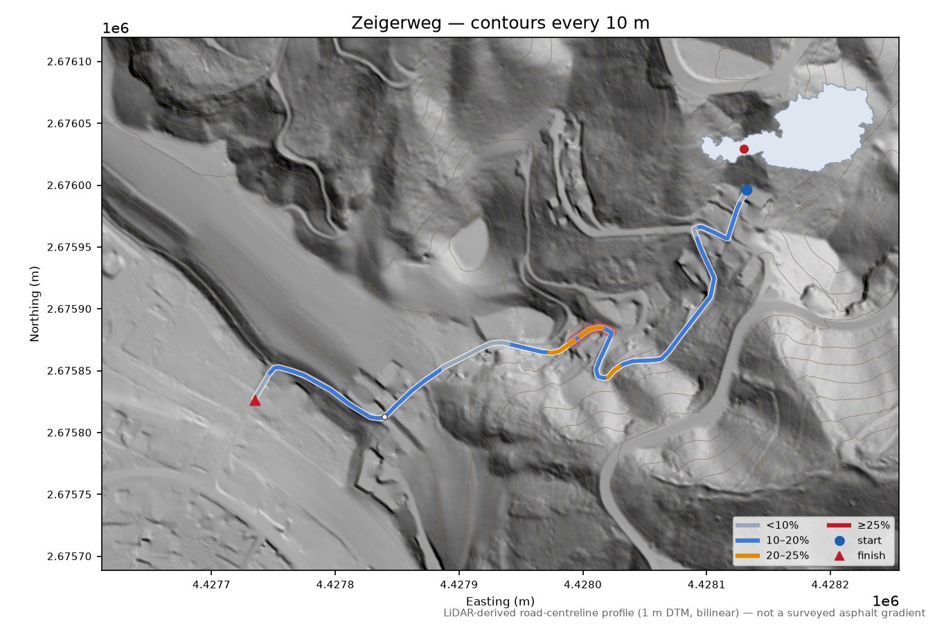 Zeigerweg LiDAR hillshade map with contours