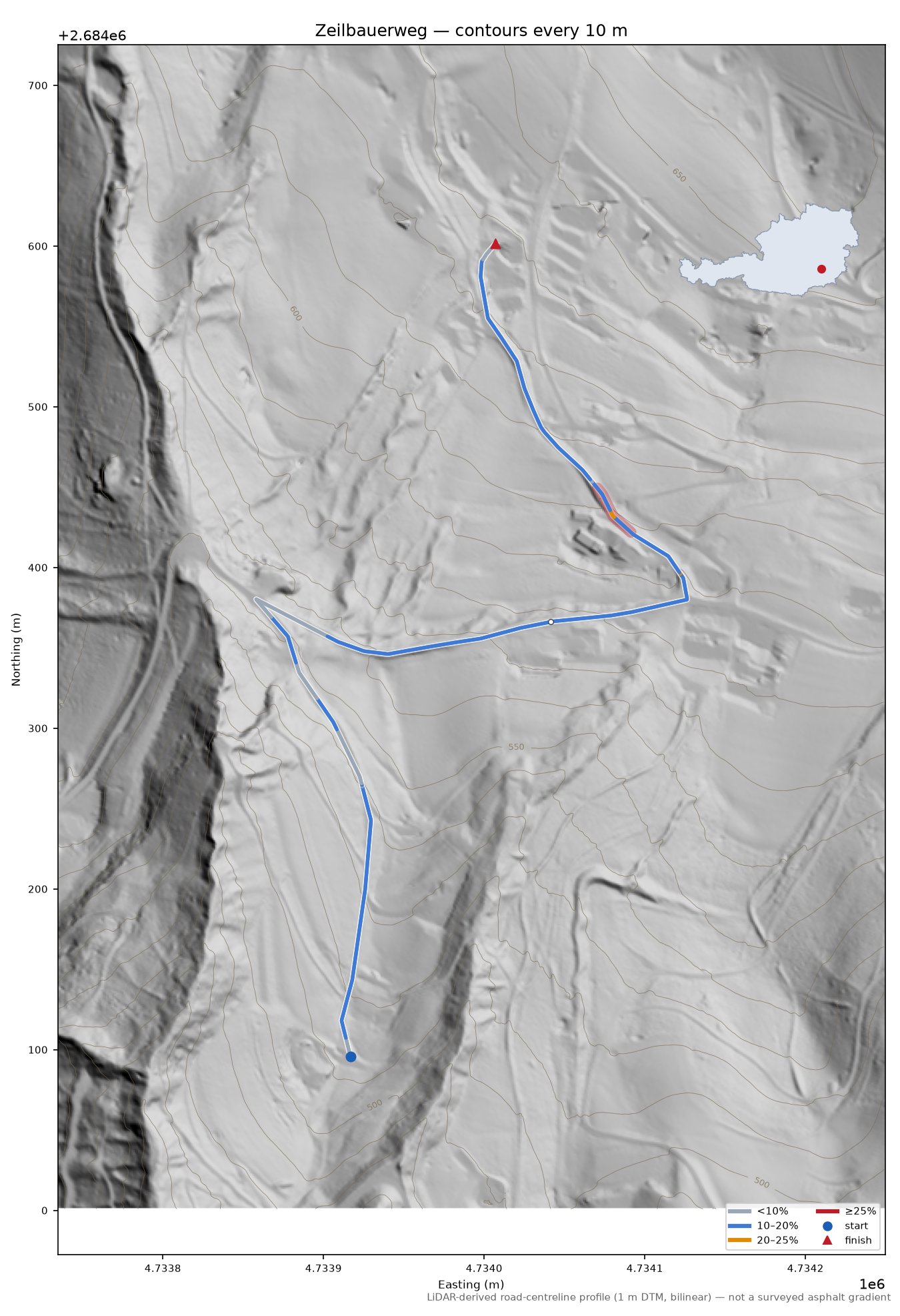 Zeilbauerweg LiDAR hillshade map with contours