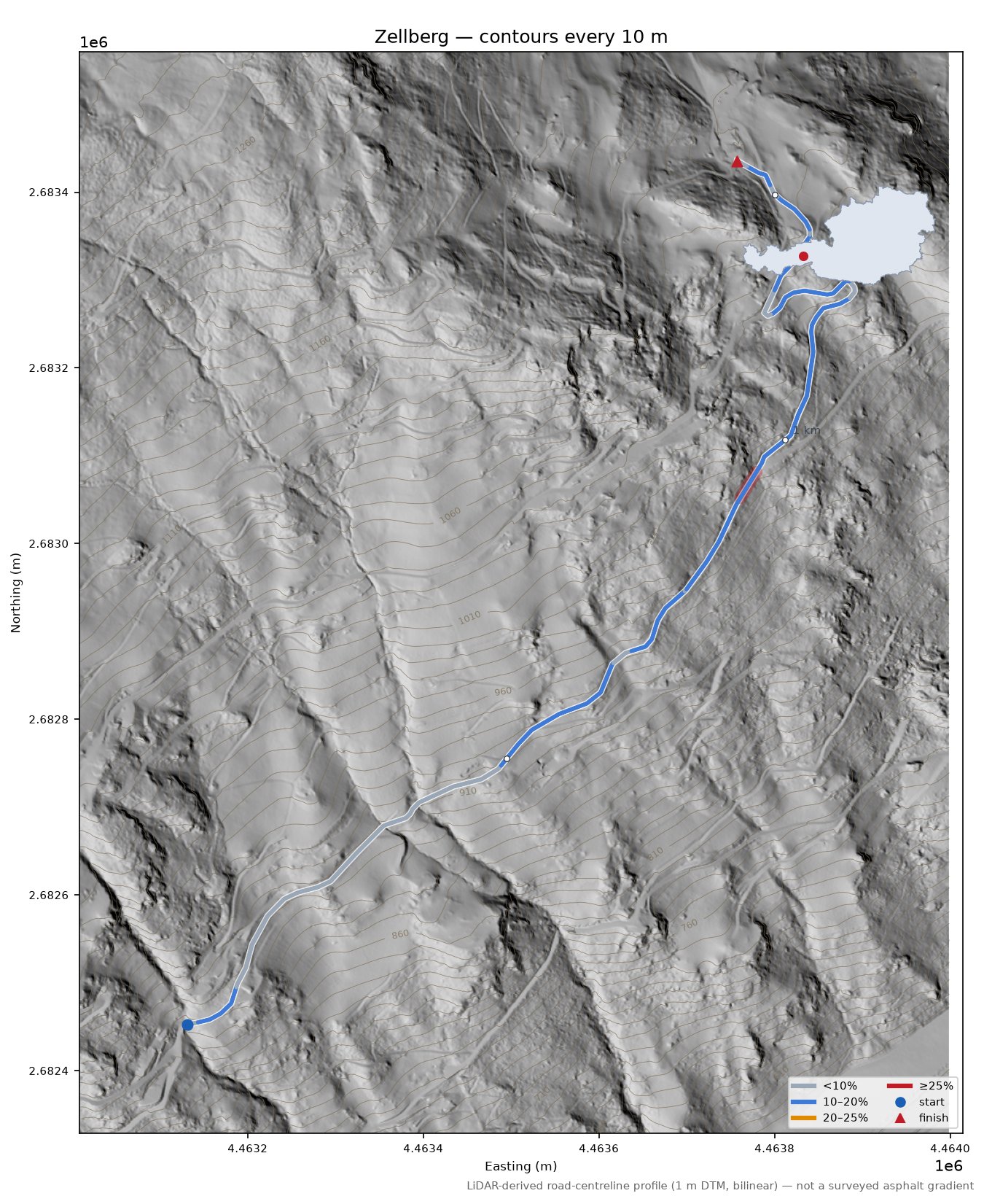 Zellberg LiDAR hillshade map with contours