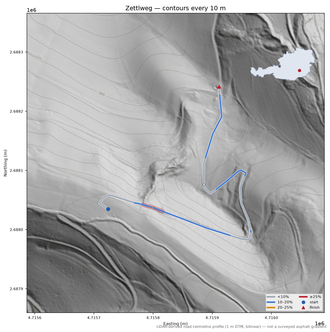 Zettlweg LiDAR hillshade map with contours