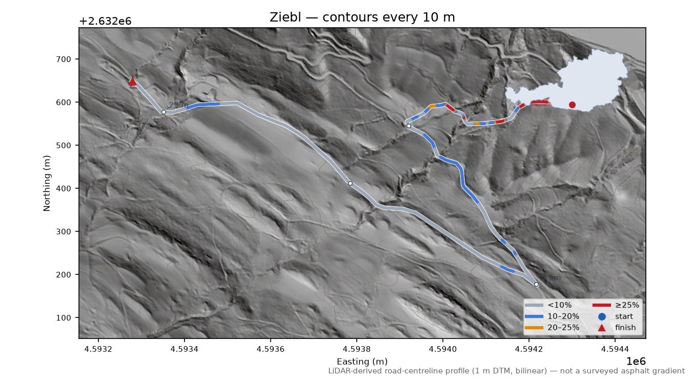 Ziebl LiDAR hillshade map with contours
