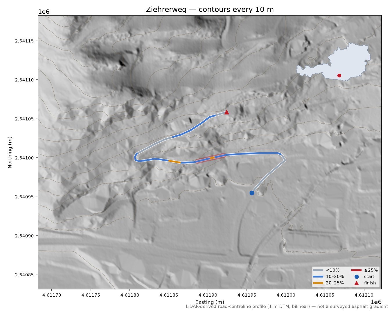 Ziehrerweg LiDAR hillshade map with contours