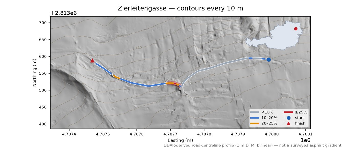Zierleitengasse LiDAR hillshade map with contours