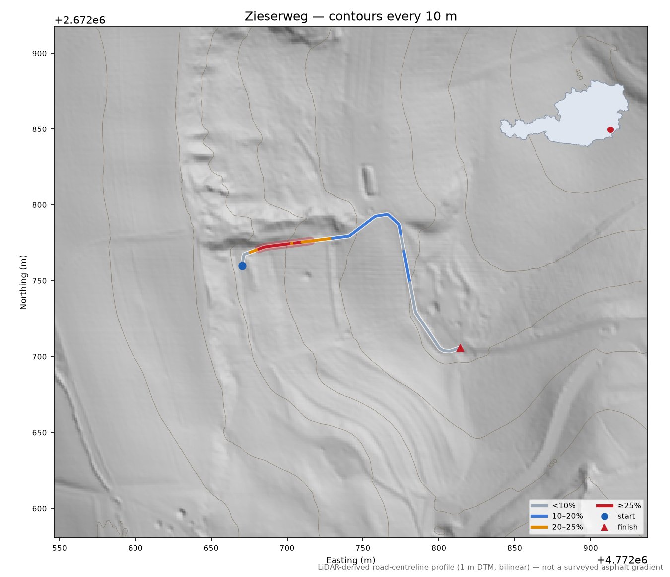 Zieserweg LiDAR hillshade map with contours