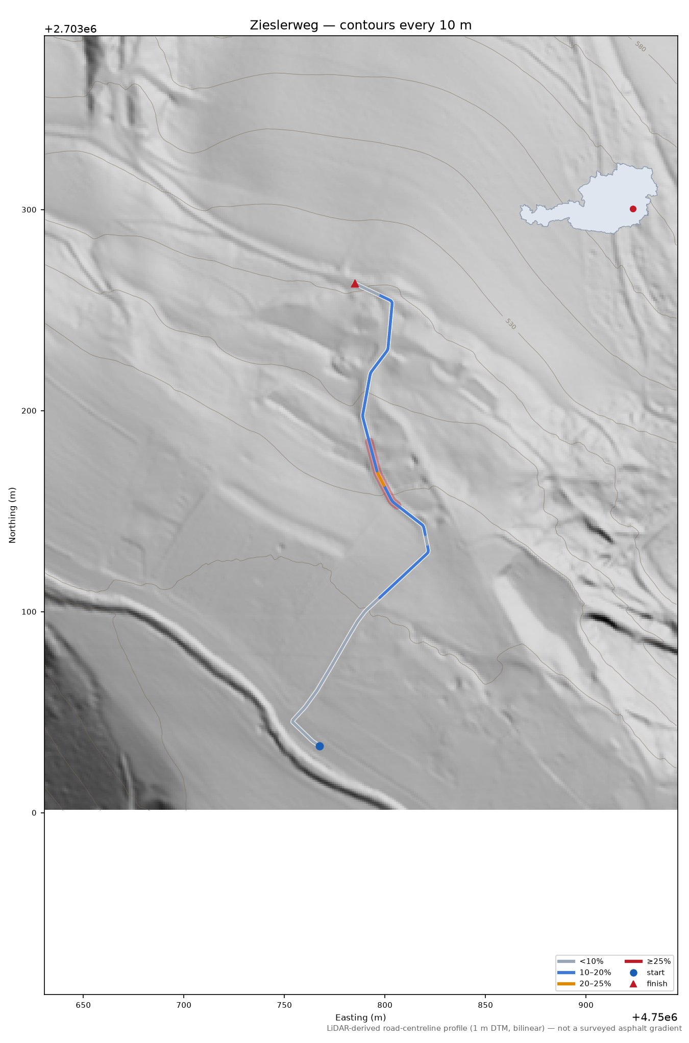 Zieslerweg LiDAR hillshade map with contours