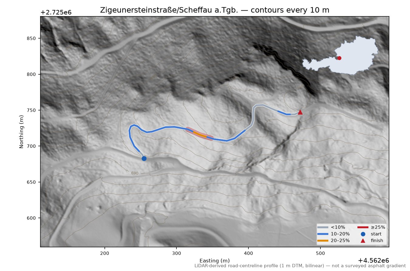 Zigeunersteinstraße/Scheffau a.Tgb. LiDAR hillshade map with contours