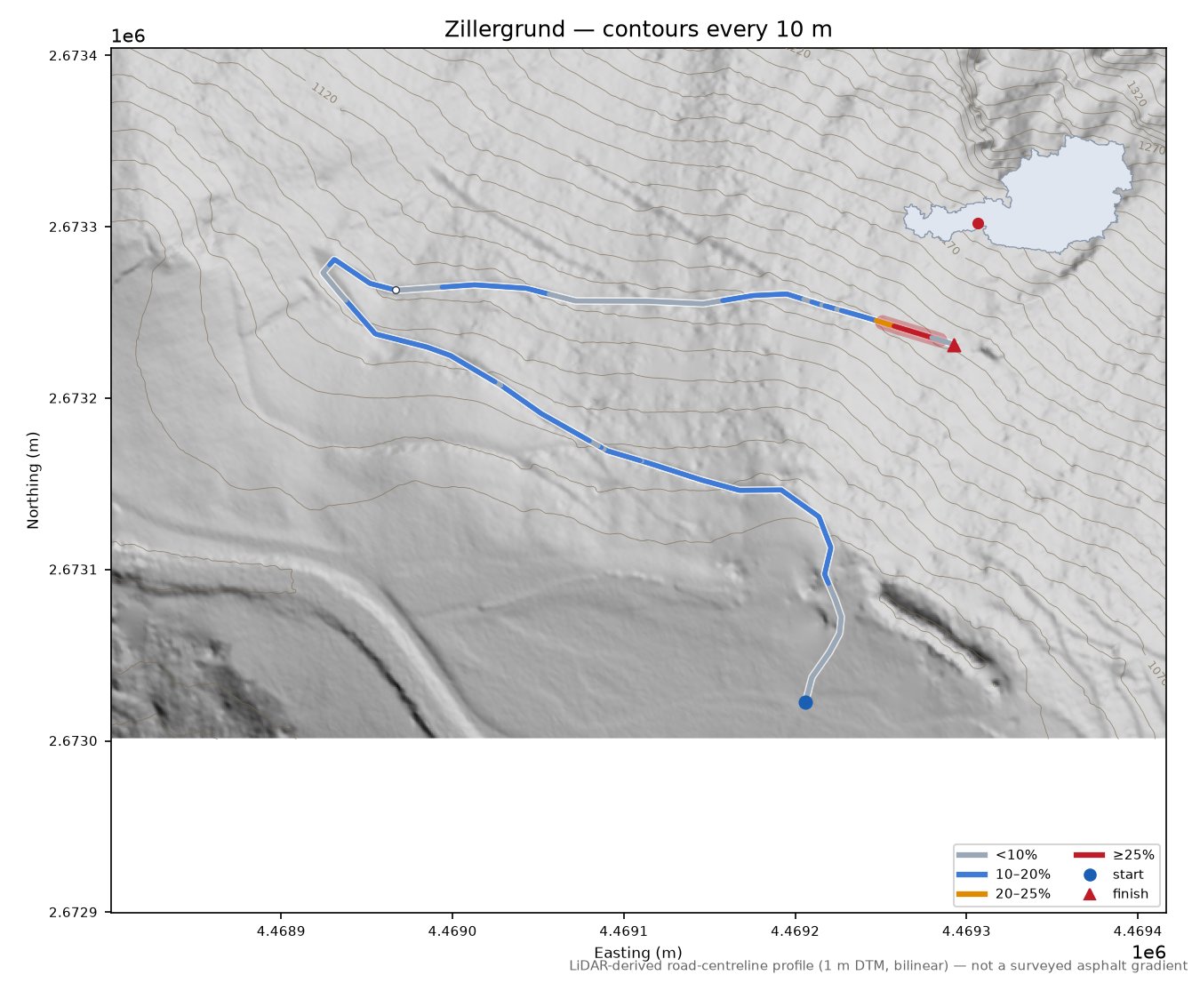 Zillergrund LiDAR hillshade map with contours
