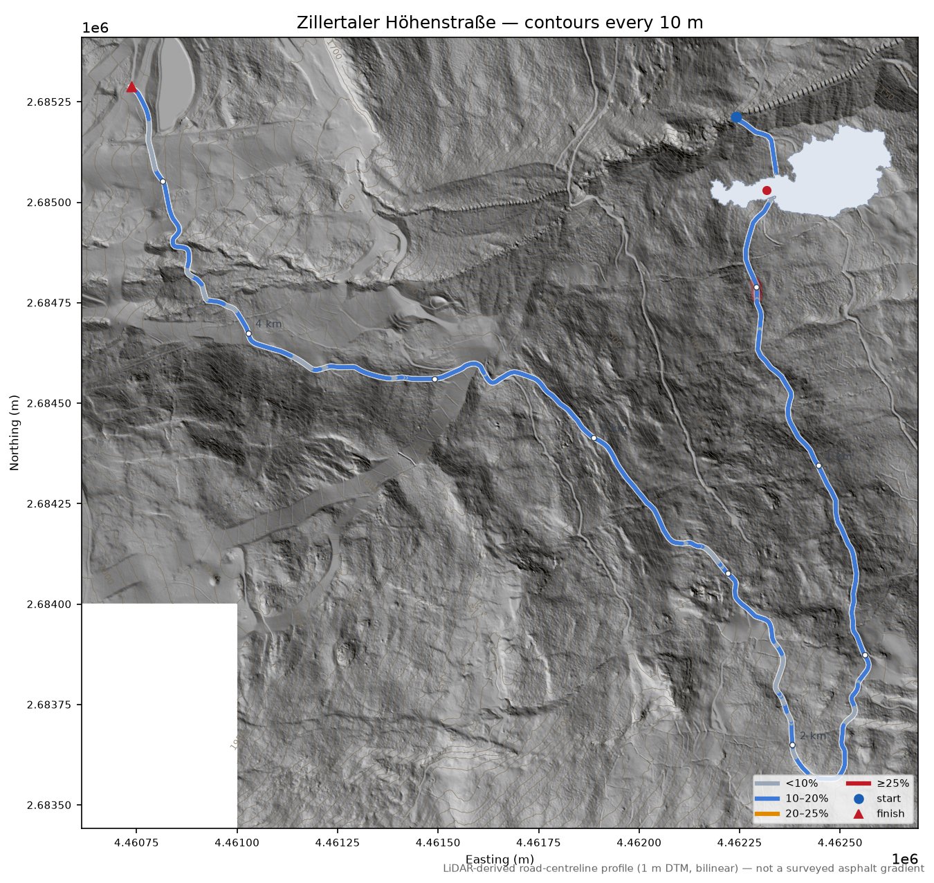 Zillertaler Höhenstraße LiDAR hillshade map with contours