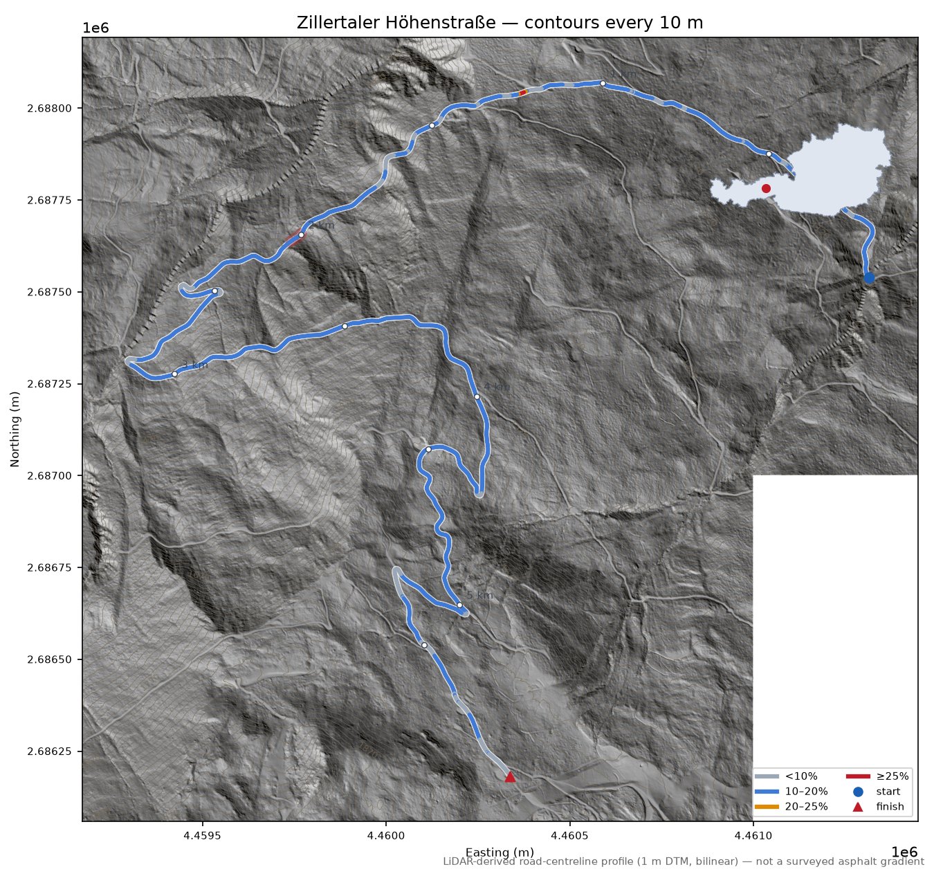 Zillertaler Höhenstraße LiDAR hillshade map with contours