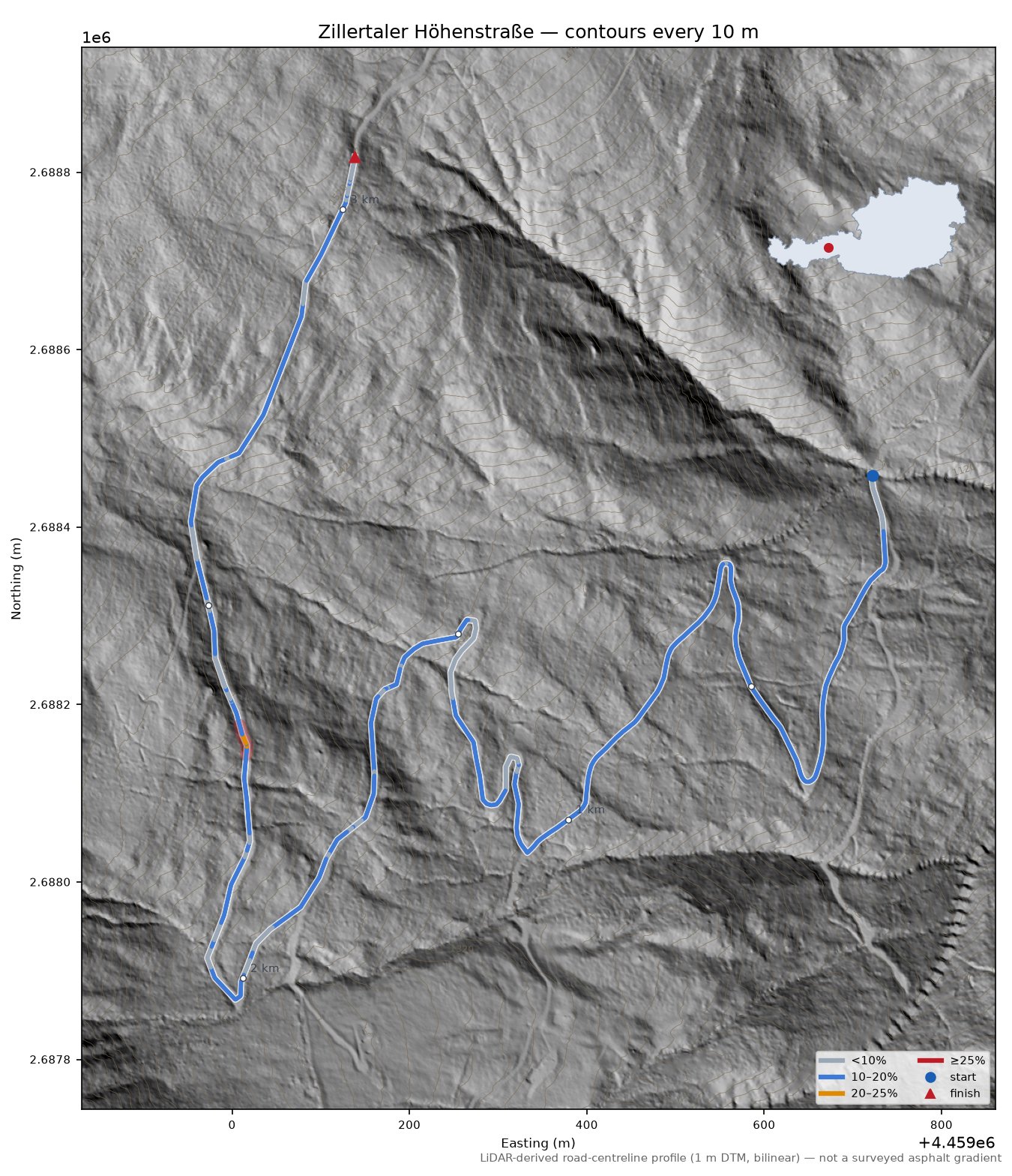 Zillertaler Höhenstraße LiDAR hillshade map with contours