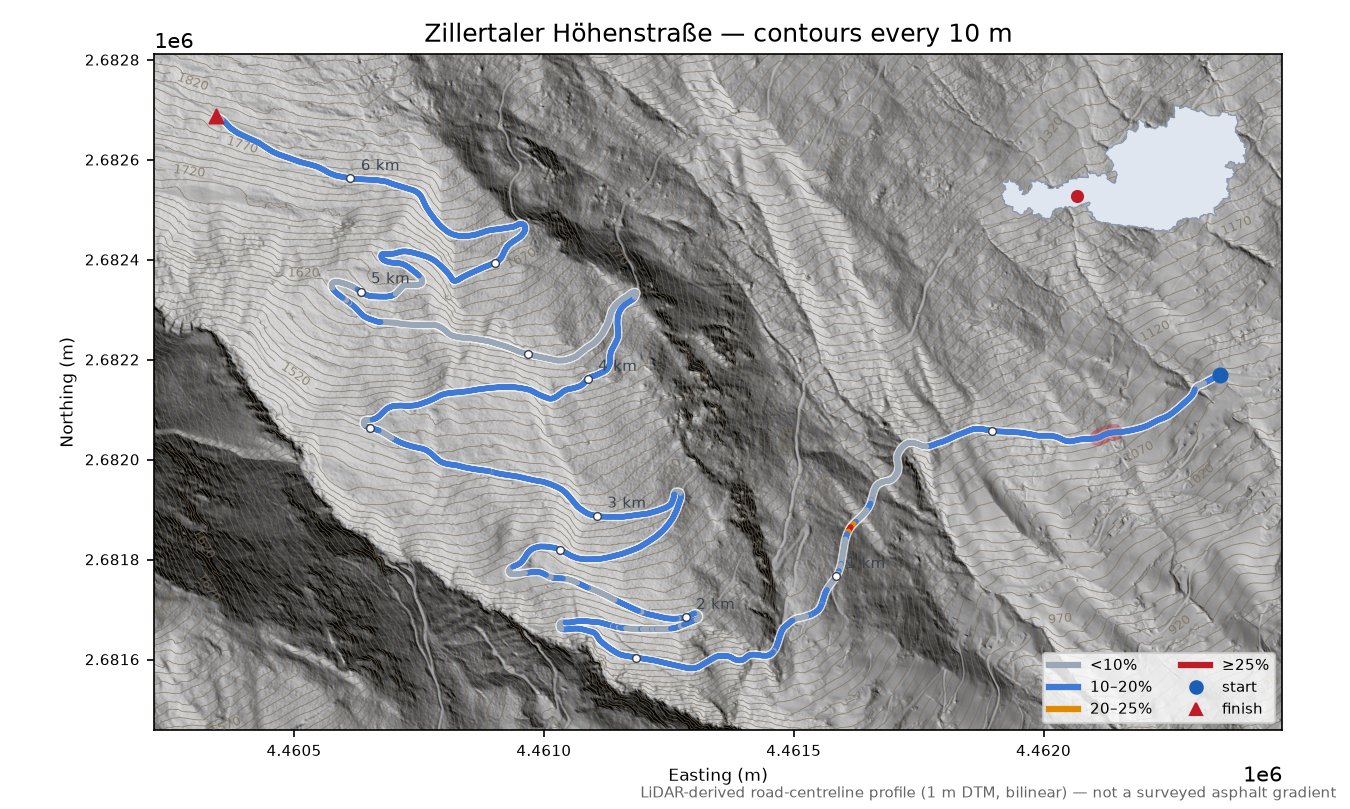 Zillertaler Höhenstraße LiDAR hillshade map with contours