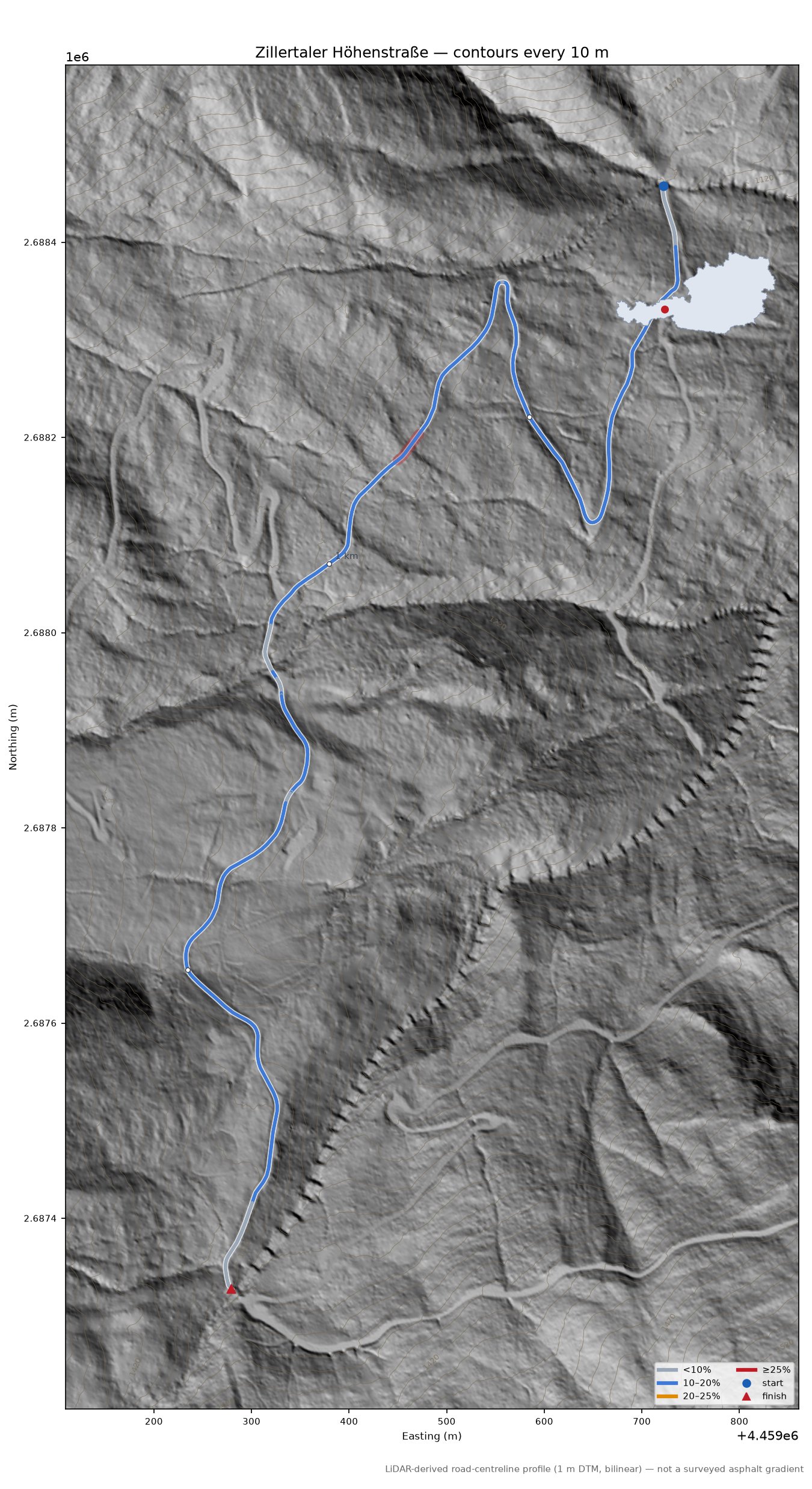 Zillertaler Höhenstraße LiDAR hillshade map with contours