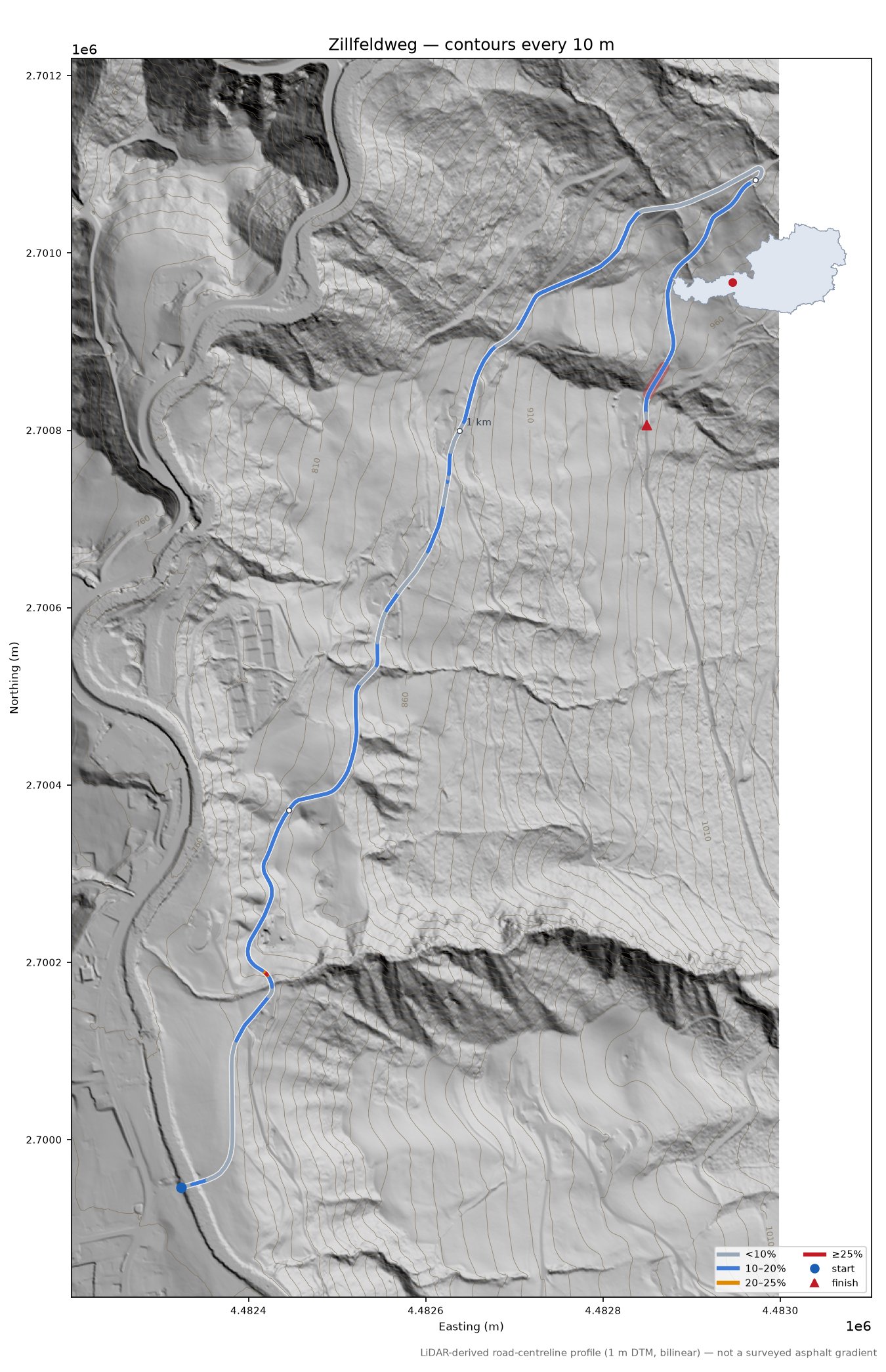 Zillfeldweg LiDAR hillshade map with contours