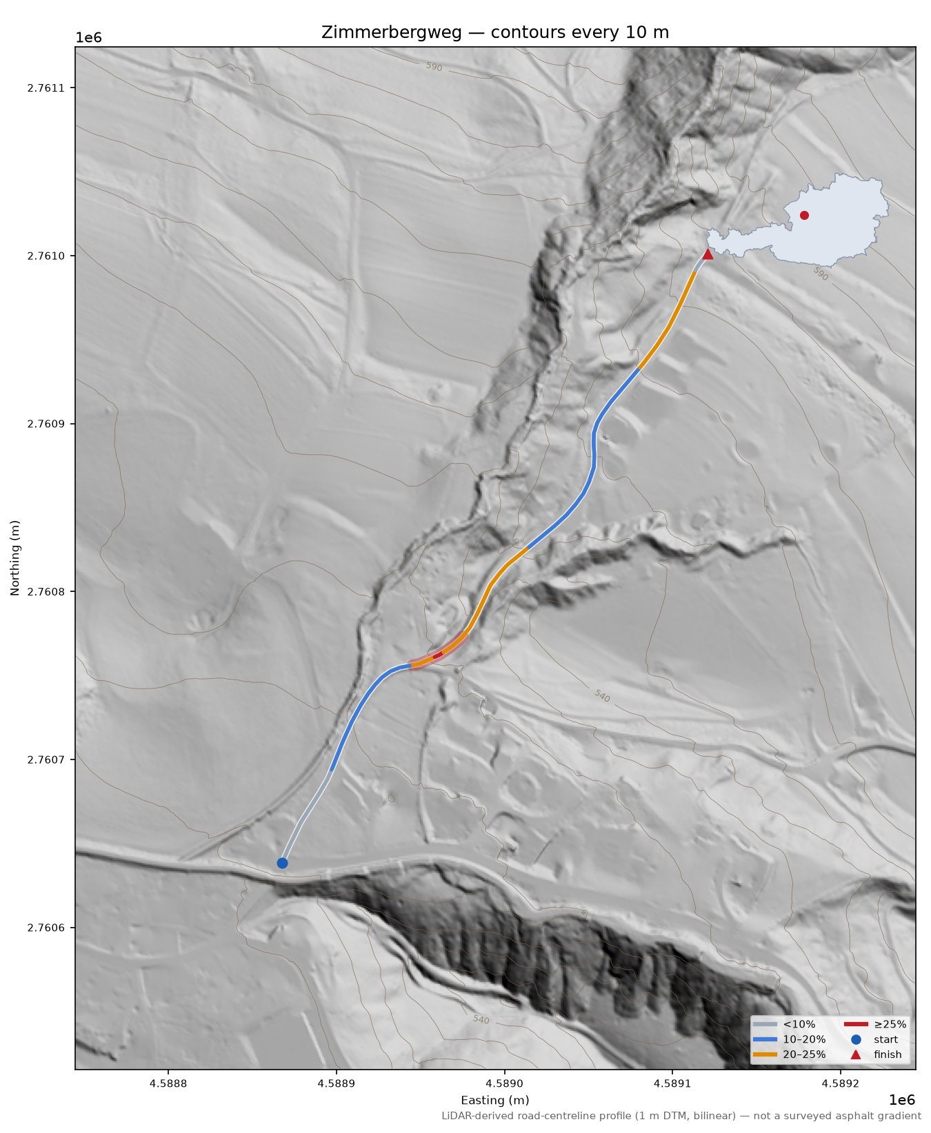Zimmerbergweg LiDAR hillshade map with contours