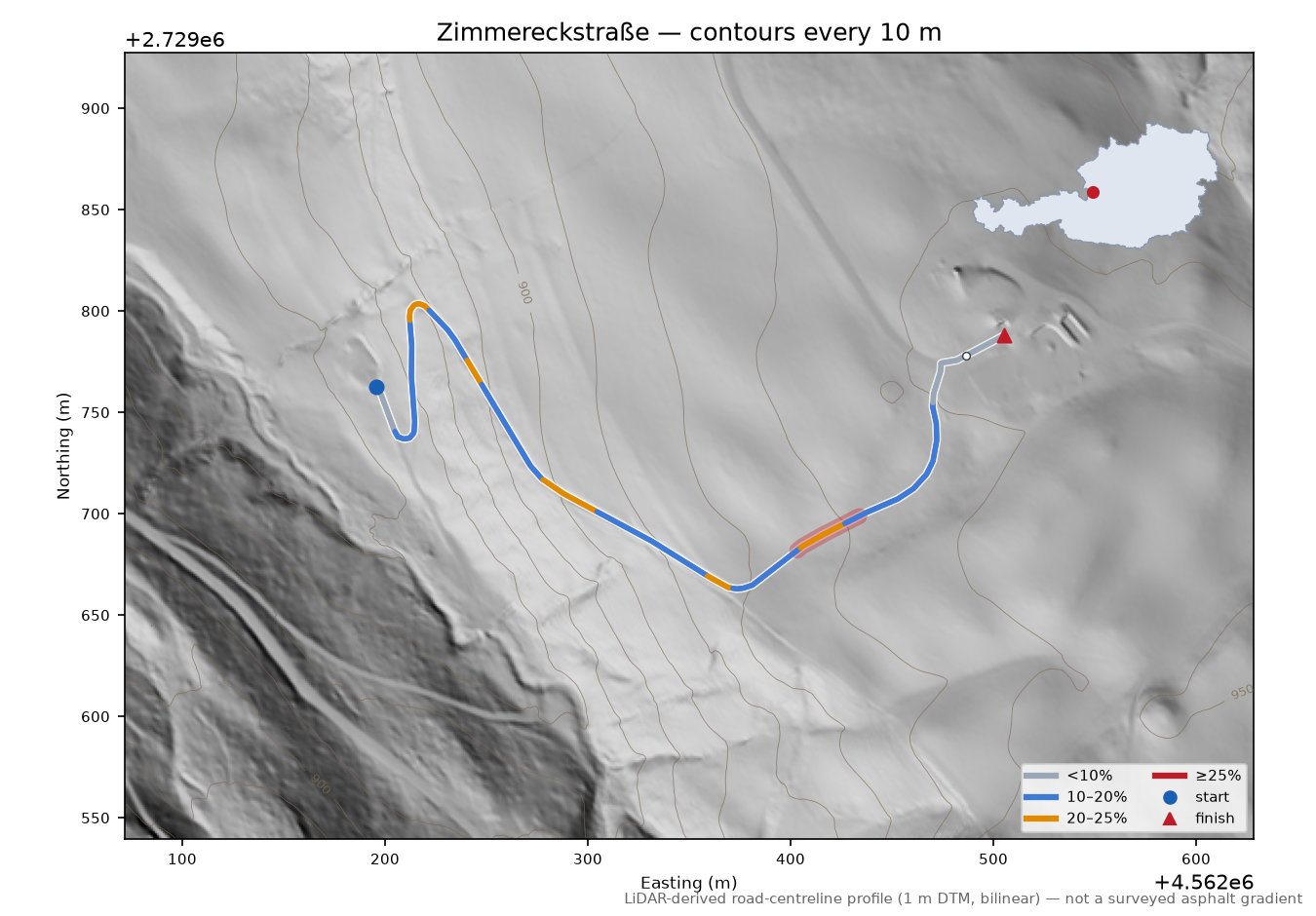 Zimmereckstraße LiDAR hillshade map with contours