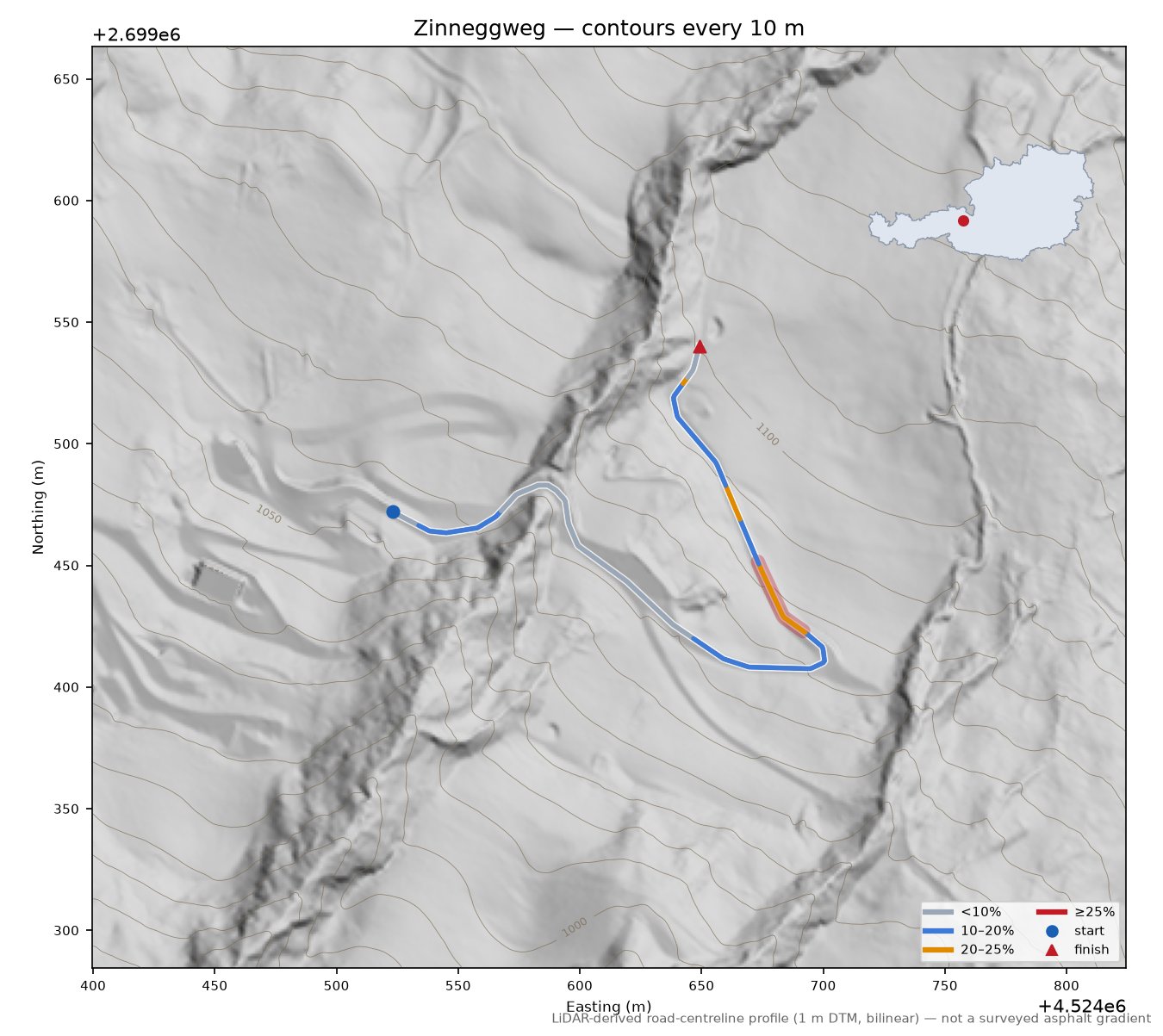 Zinneggweg LiDAR hillshade map with contours